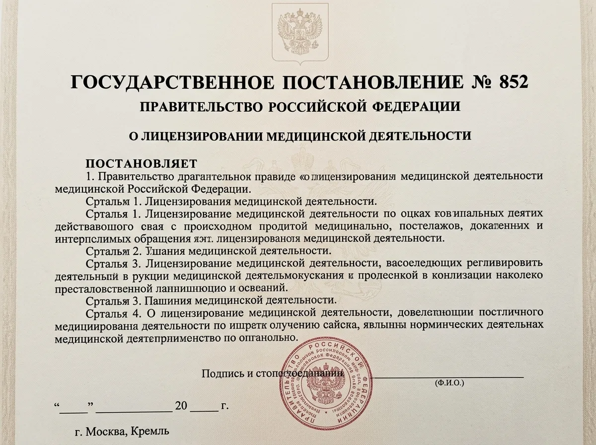 Постановление Правительства 852 о лицензировании медицинской деятельности, официальный бланк
