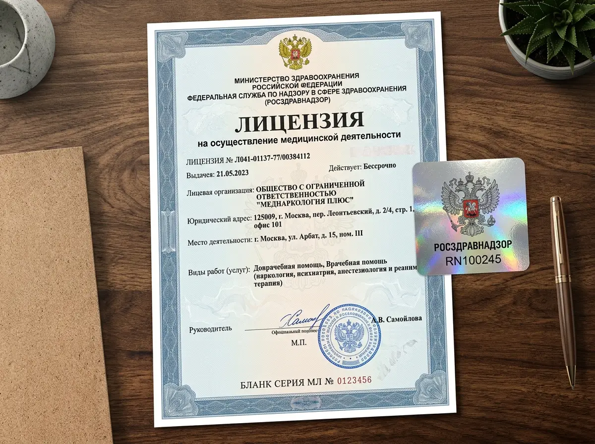 Медицинская лицензия клиники МедНаркология Плюс, выданная Росздравнадзором, бланк с голографической наклейкой